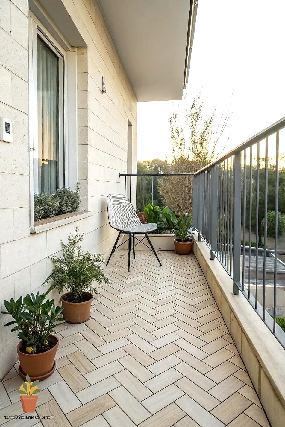 Balcony with Herringbone Tile Flooring