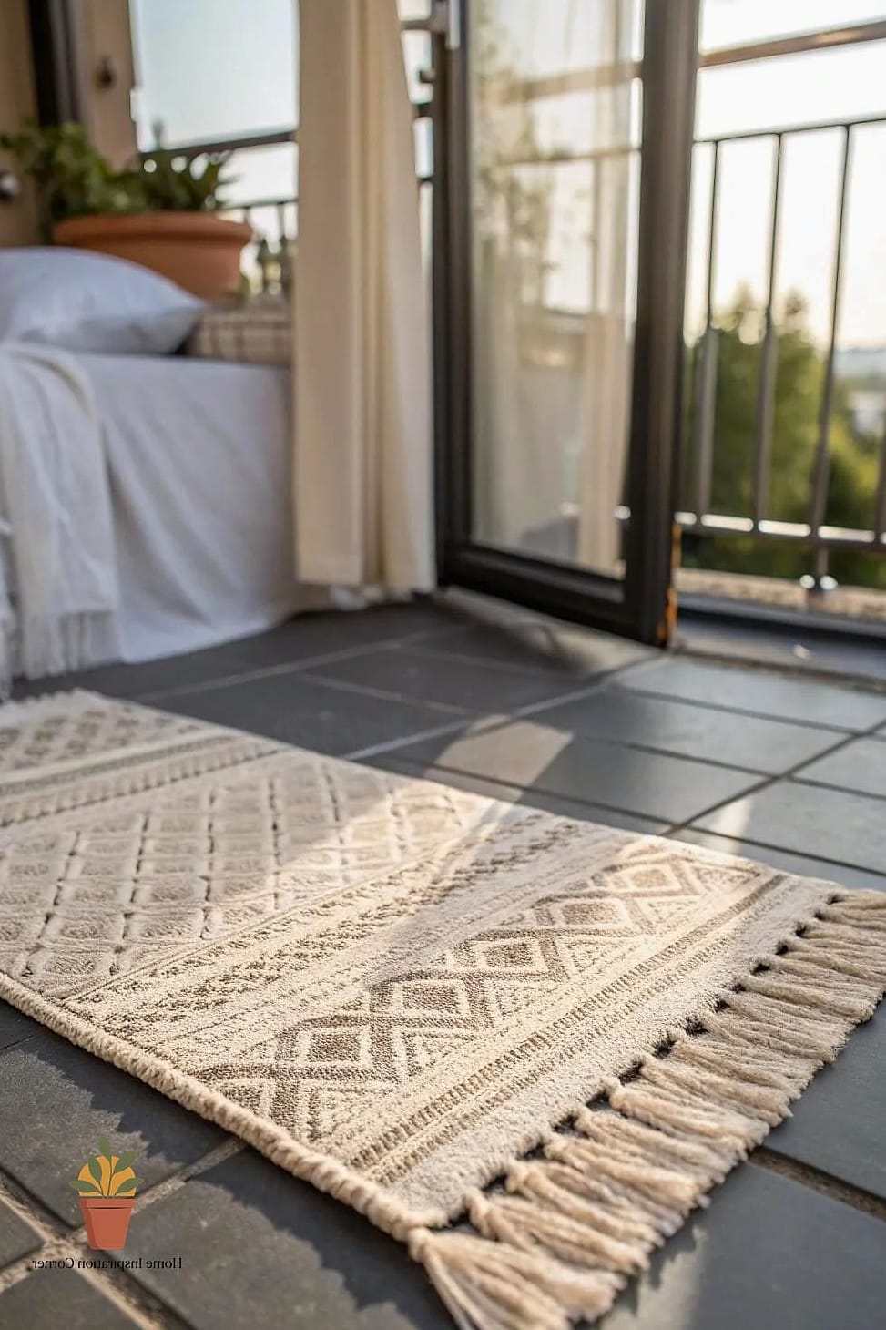 Balcony with Outdoor Rug and Layered Textiles