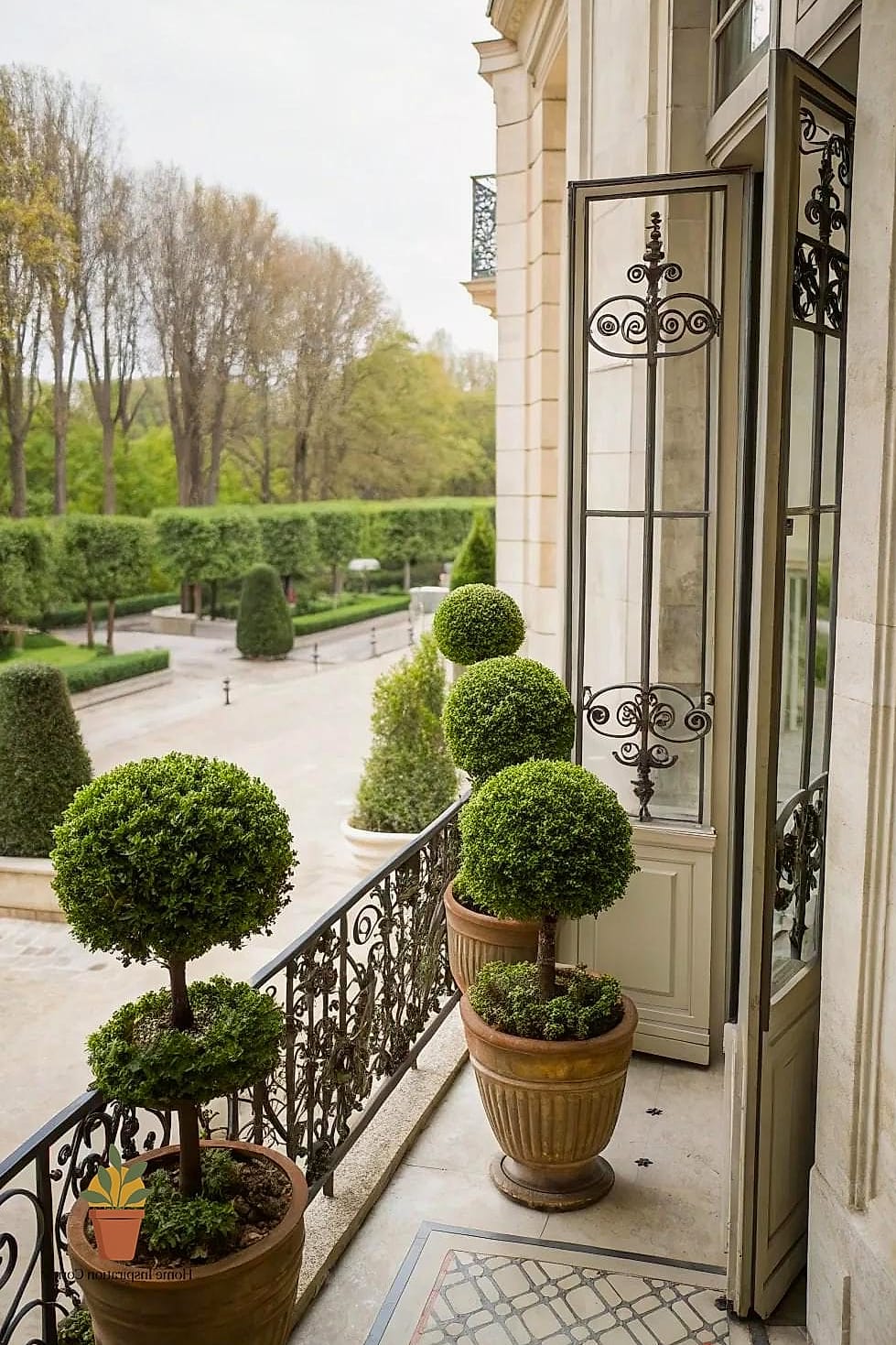 Balcony with Potted Topiary Trees