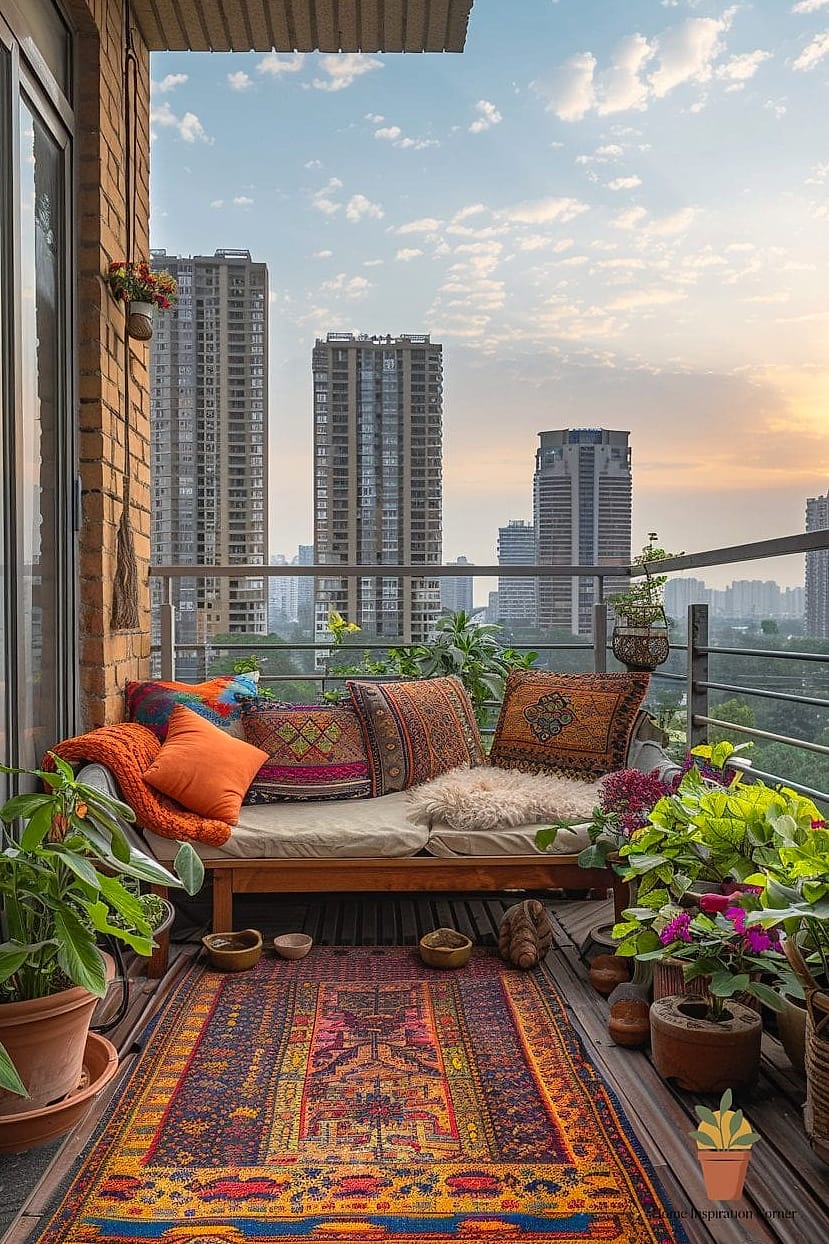 20 Small Balcony Looks We're Obsessed With This Year 6 Boho Layered Textiles Setup