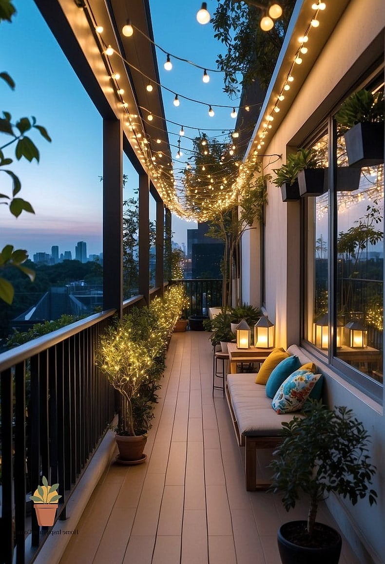 12 Narrow Balcony Ideas to Upgrade Your Home This Weekend 7 Café-Style String Lights for Evening Ambiance