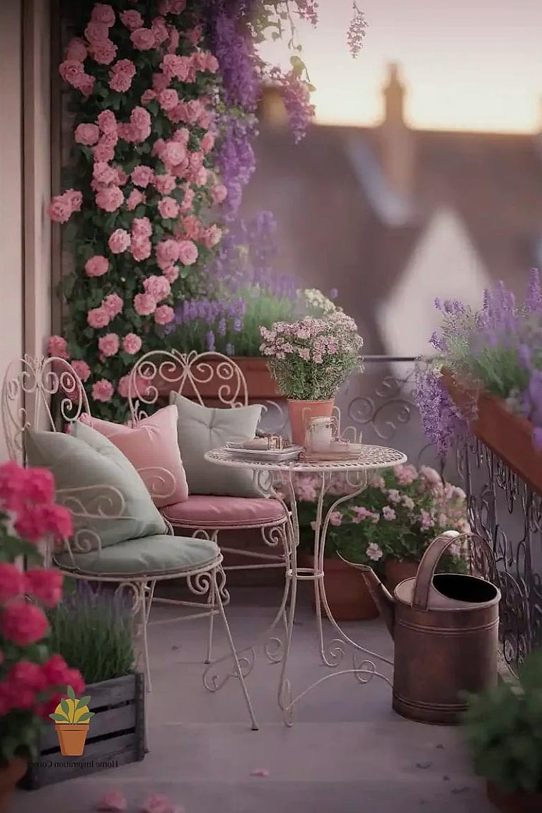 Cottage-Style Balcony with Café Curtains and Florals