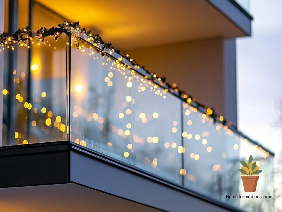 Glass Balcony with String Lights Woven Through the Top Rail