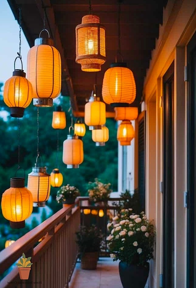 Hanging Lantern and String Light Ceiling Display