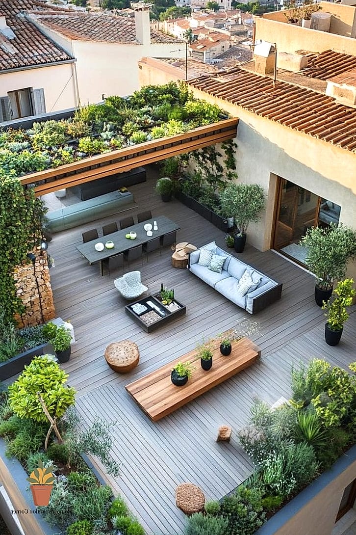 17 Rooftop Terrace Ideas That Will Transform Your Space 16 Incorporate Potted Trees for Height