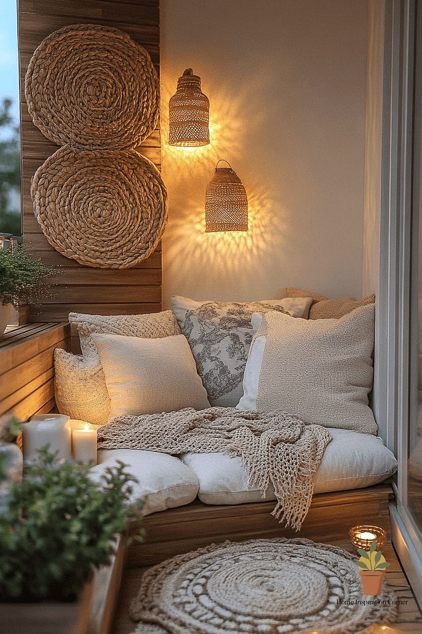 13 Small Balcony Decor Ideas From Homes We Absolutely Love 11 Layered Textures With an Outdoor Pouf
