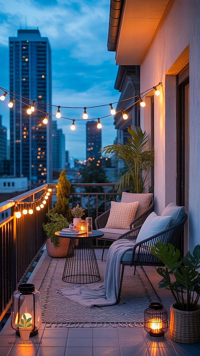 20 Small Balcony Looks We're Obsessed With This Year 8 String Light Canopy