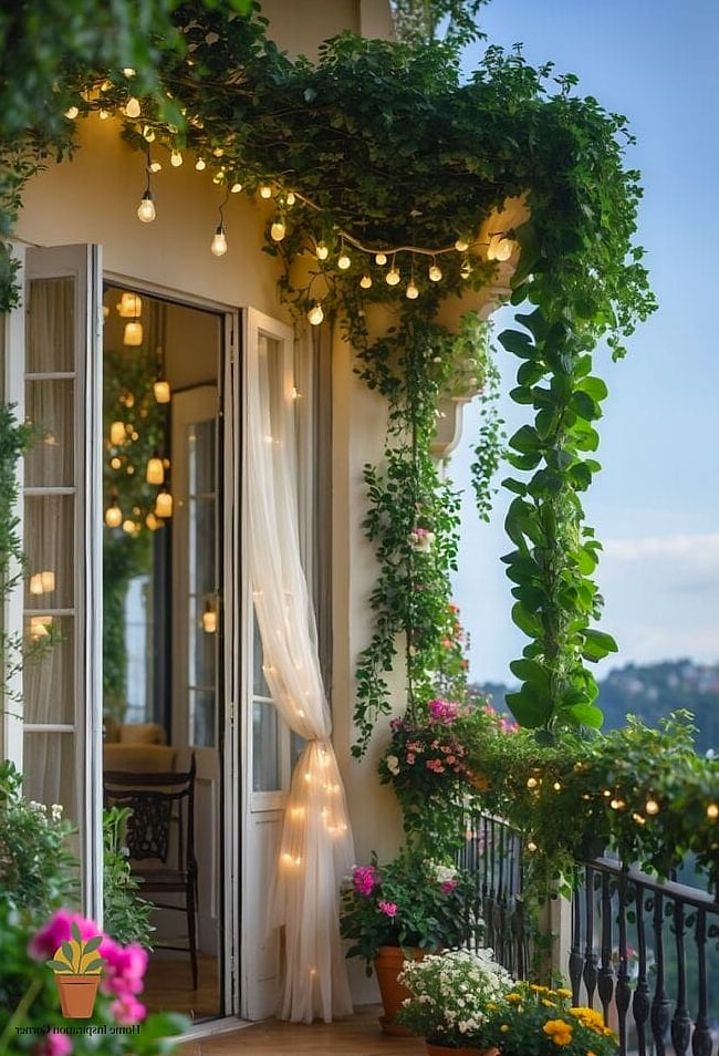 String Lights Woven Through the Railing