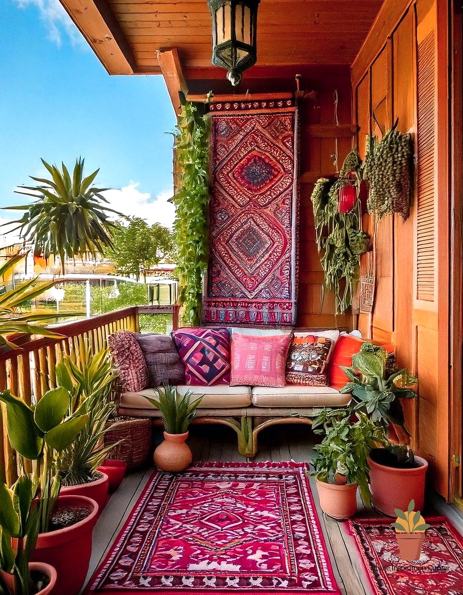 A Woven Rug Layered Over Outdoor Flooring
