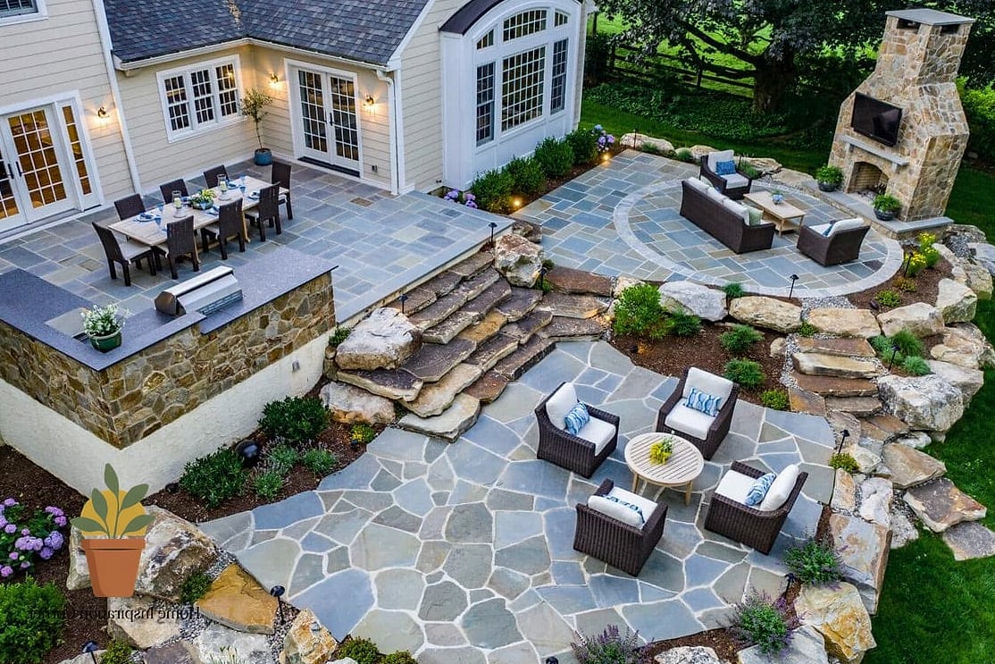 Backyard Oasis with Flagstone and a Water Feature