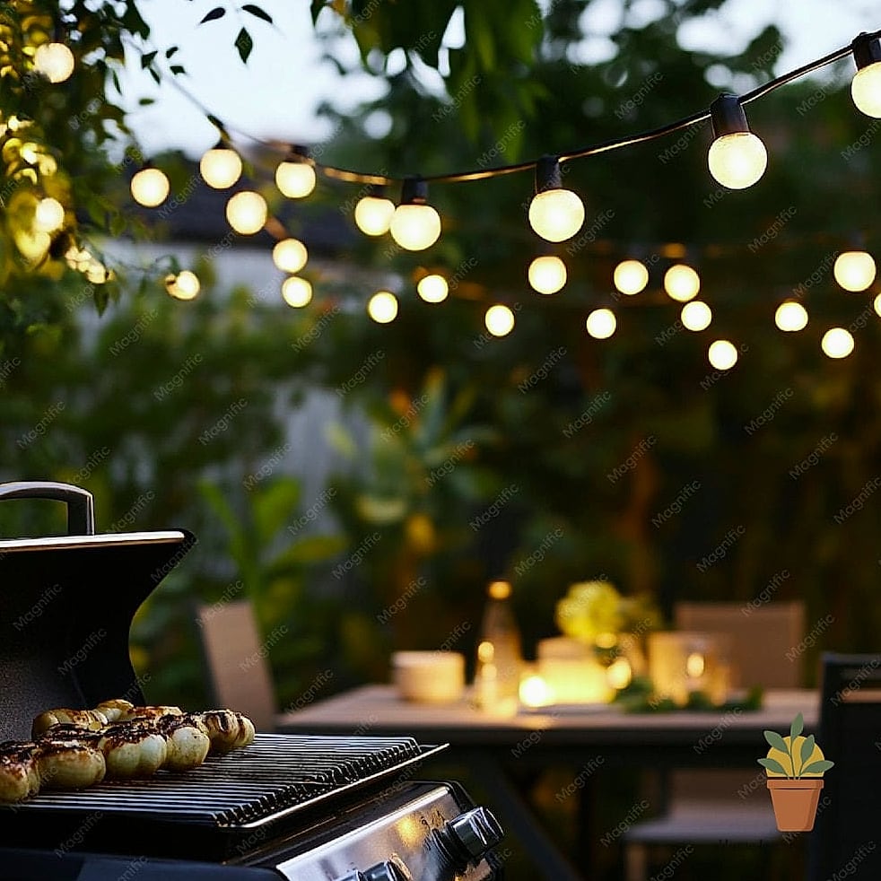 BBQ Zone with String Lights and Lanterns