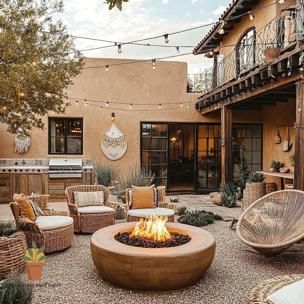 Boho-Inspired Firepit with Layered Textiles and Poufs