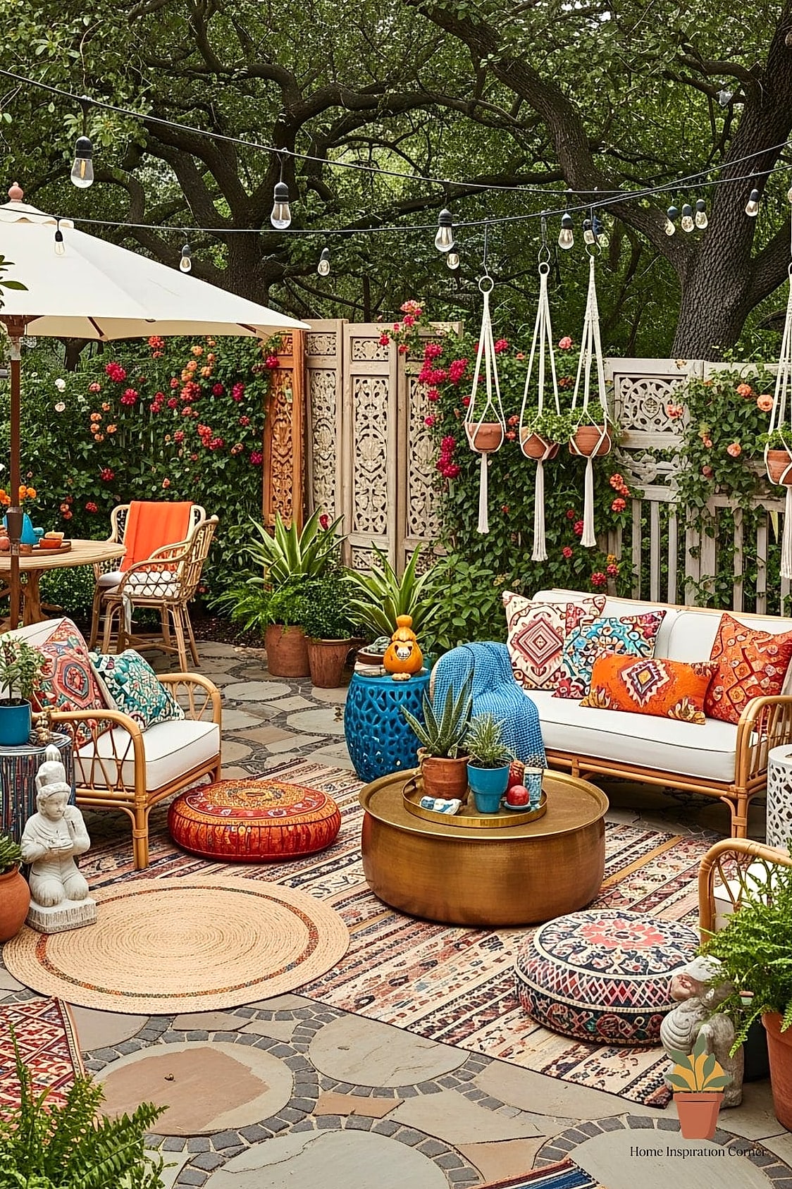 Boho Patios with Hanging Chairs and Rugs