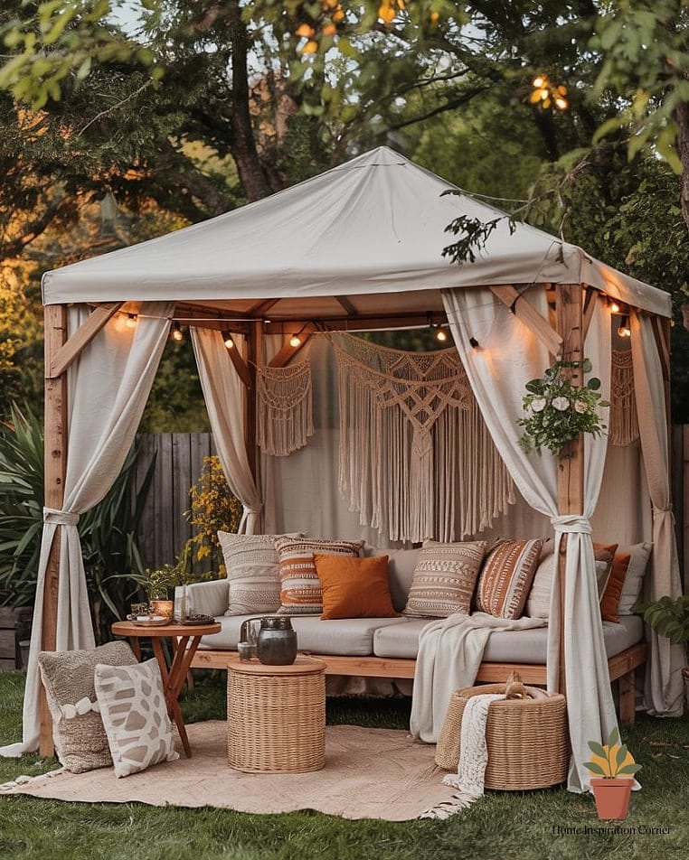 Boho-Style Gazebo with Layered Textiles
