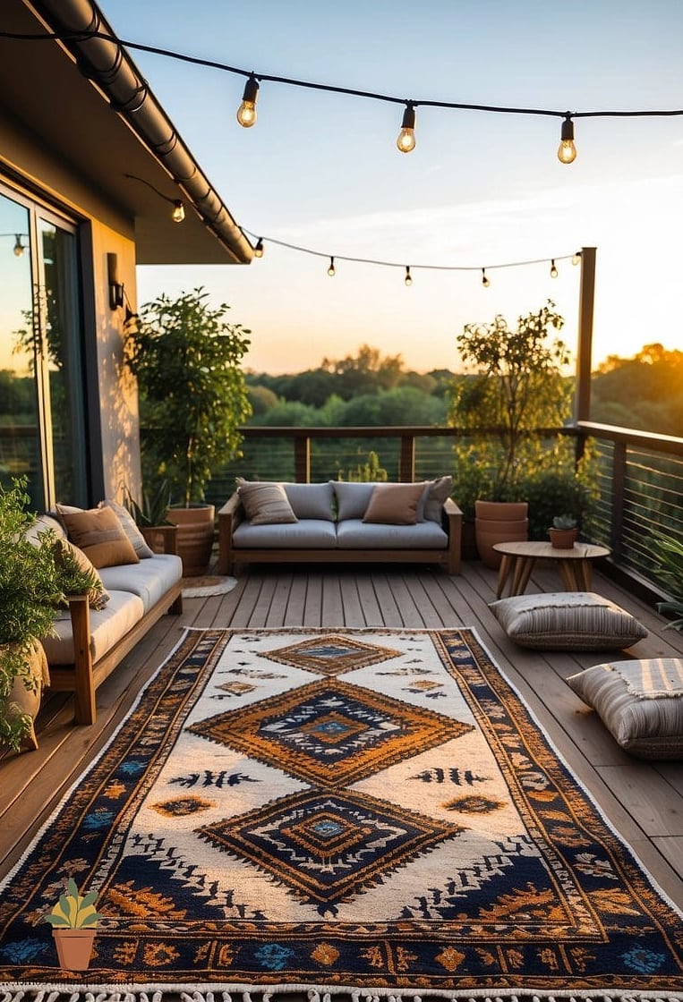 18 Outdoor Terrace Design Photos That Will Inspire Your Next Project 10 Boho Terrace with Layered Rugs and Macrame