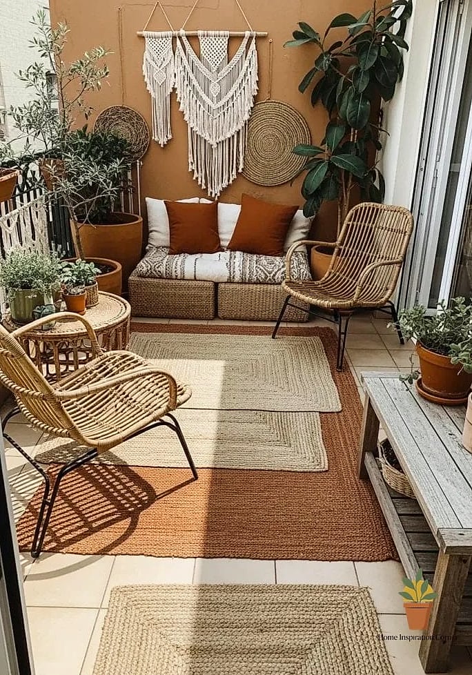 19 Terrace Interior Design Photos That Will Inspire Your Next Project 5 Boho Terrace with Layered Textiles and Hanging Plants