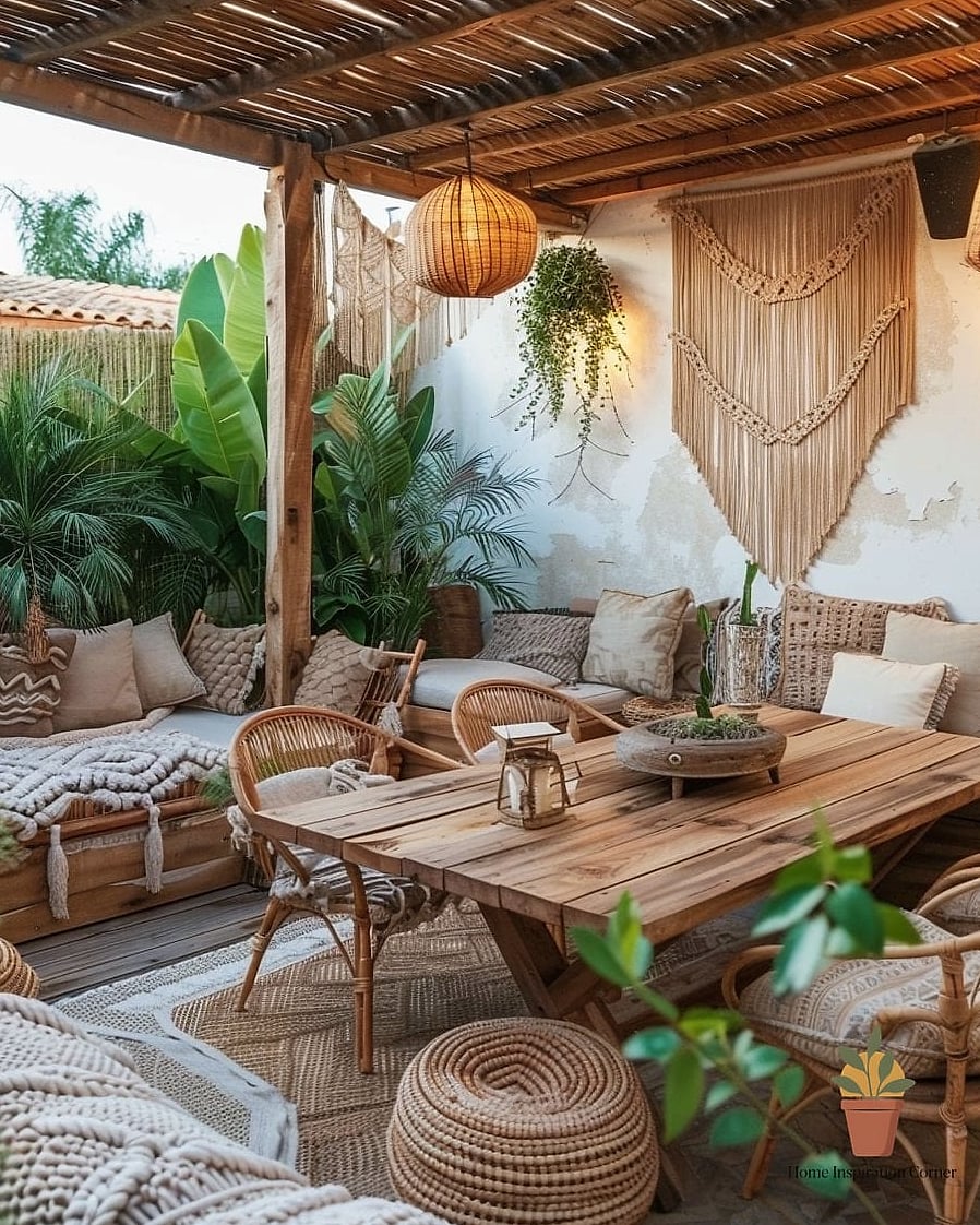 Boho Terrace with Rattan Furniture and Warm Layers