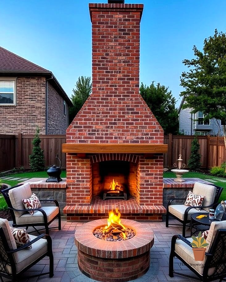 Brick Fireplace with Built-In Wood Storage
