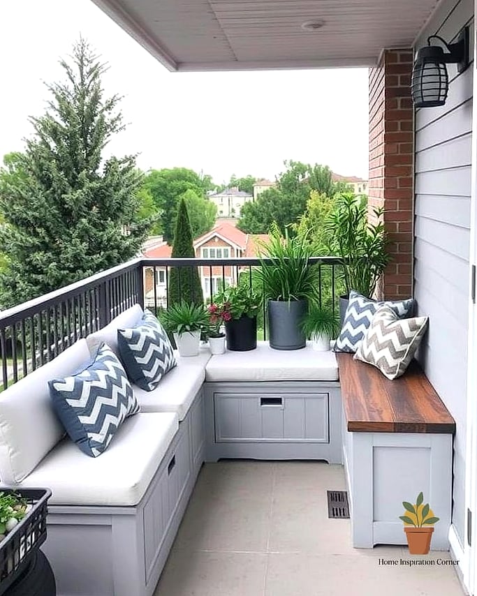 Built-In Bench Seating Along the Railing