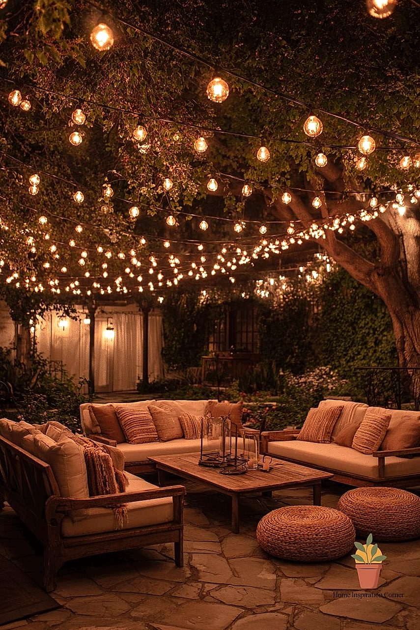 Café-Style String Lights Over a Dining Area