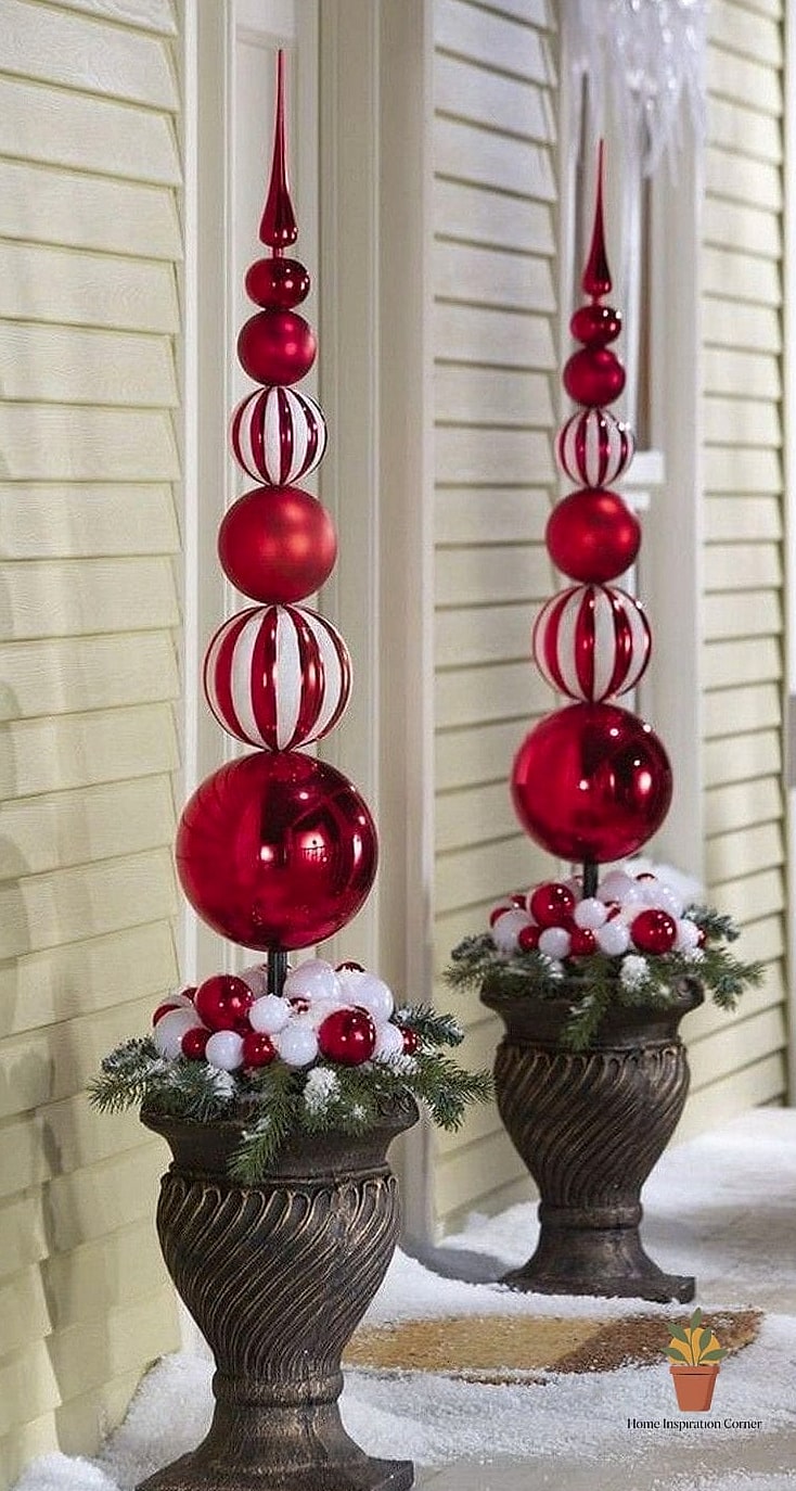 Christmas Ribbon Topiaries in Urns
