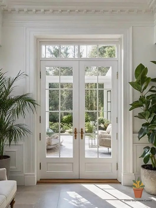 Classic White French Doors with a Covered Patio