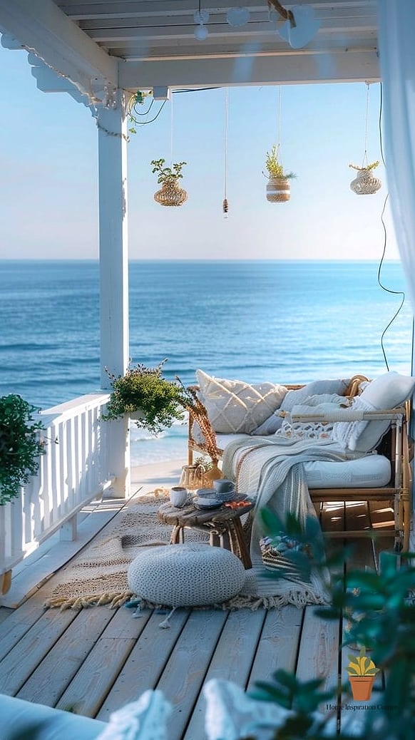 20 Cozy Balcony Aesthetic Concepts That Are Actually Achievable on a Budget 12 Coastal Driftwood and Blue Accents