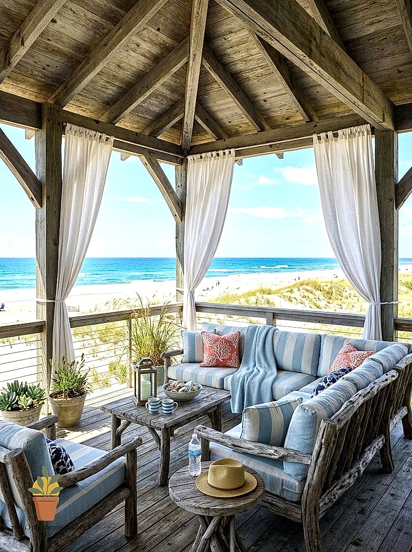 Coastal-Inspired Patio with Whitewashed Fireplace