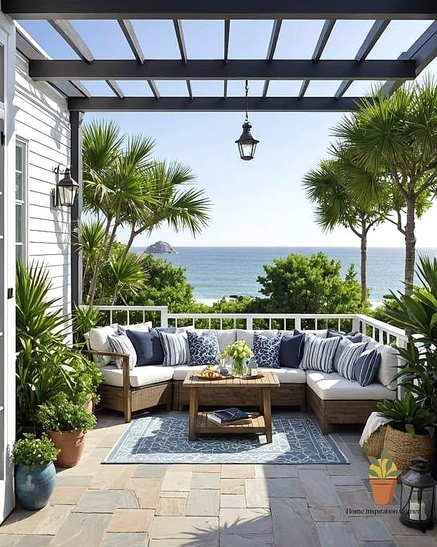 Coastal-Inspired Patio with Blue and White Accents