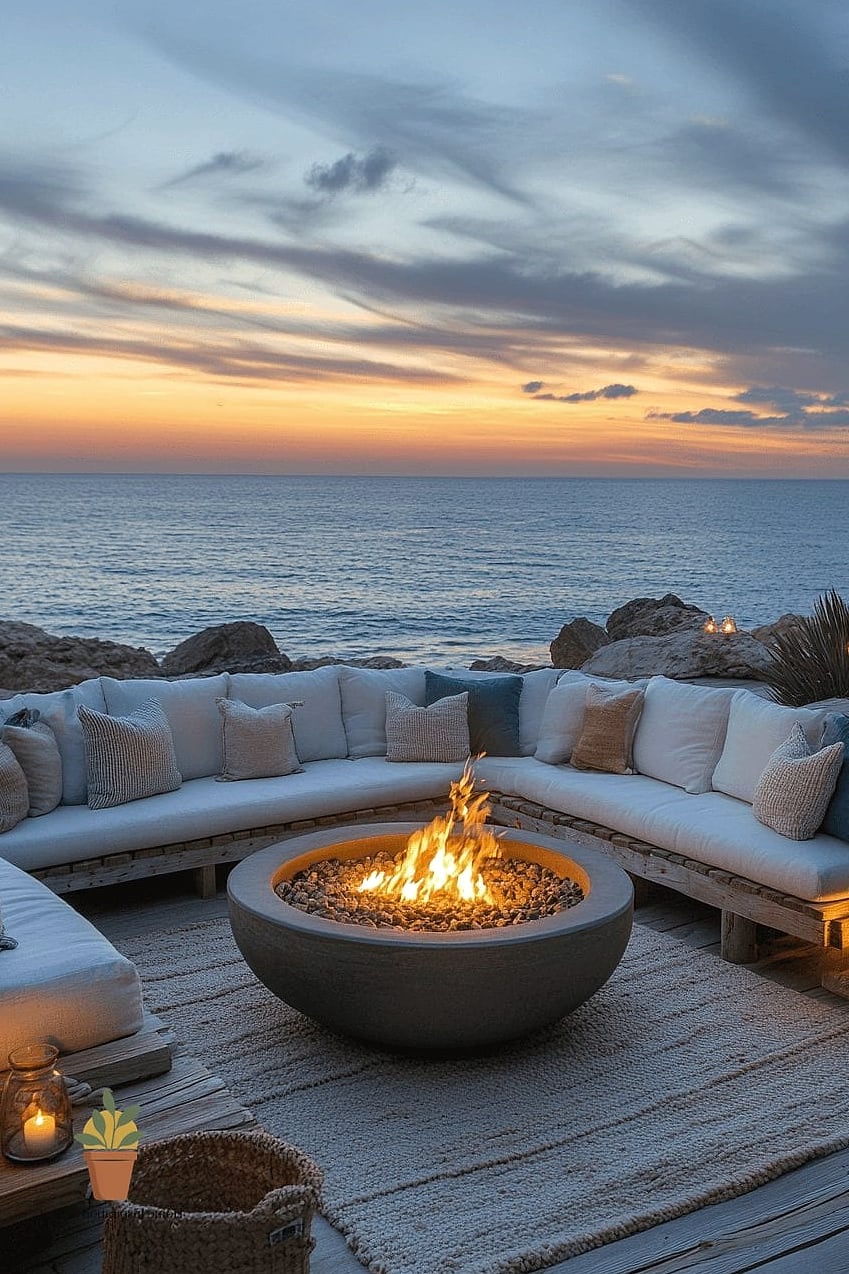 Coastal-Inspired Fire Pit with White Sand Surround