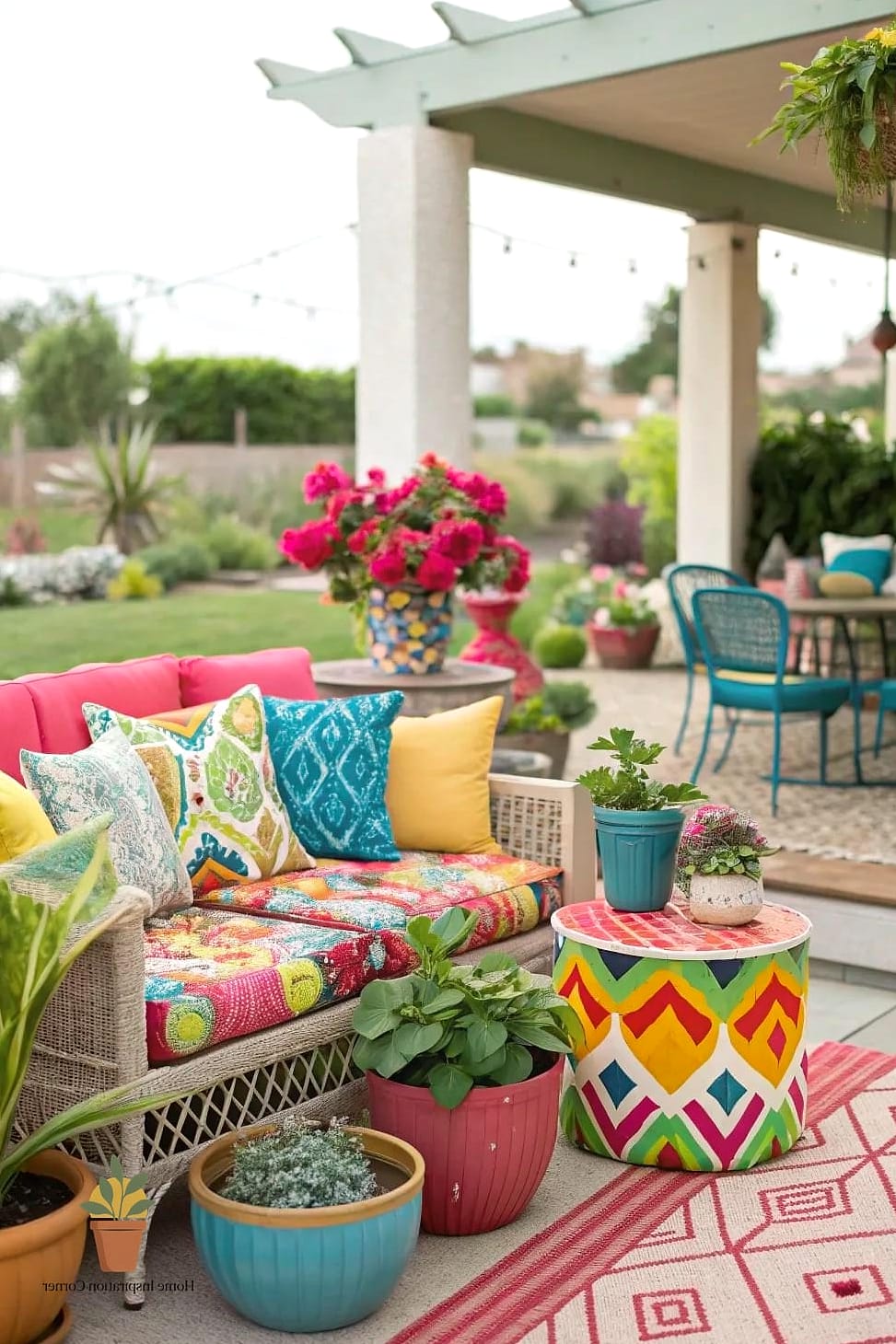 Colorful Eclectic Patio Mixing Patterns and Prints