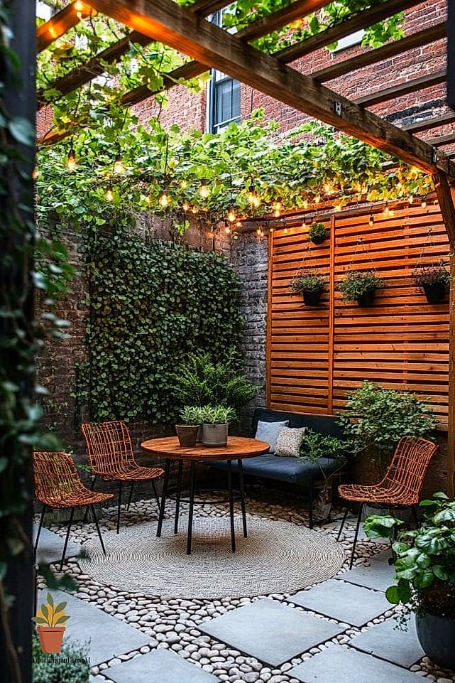 A Compact Patio with Pavers Laid in a Herringbone Pattern