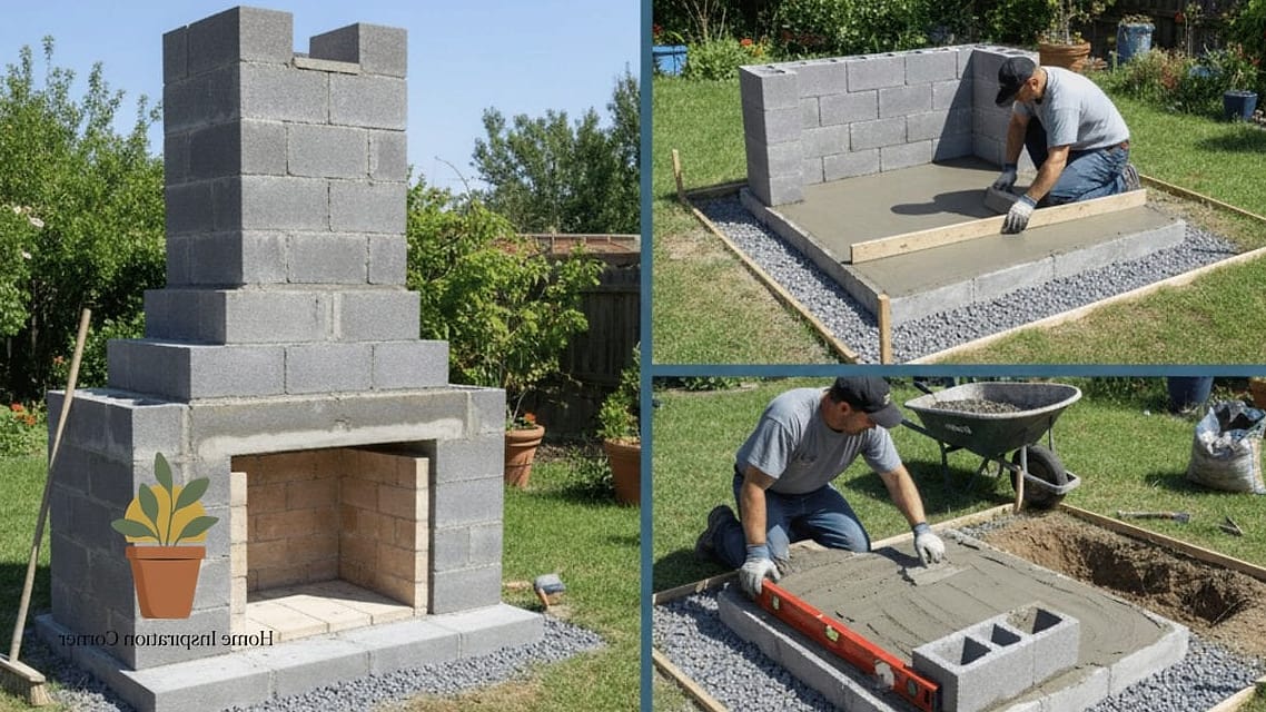 Concrete Block Fireplace with a Floating Bench