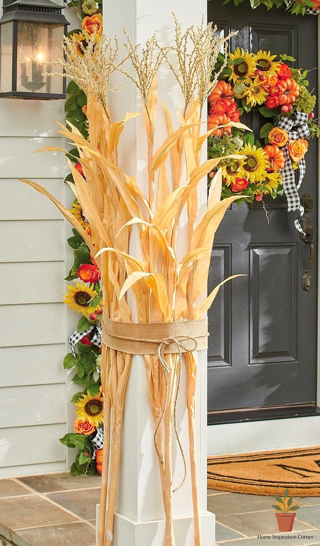 23 Outdoor Fall Decor Ideas Designs That Maximize Style and Function 4 Corn Stalks Bundled at the Entryway