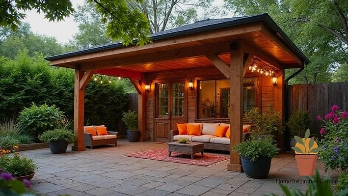Cottage-Style Patio with Ivy-Covered Fireplace