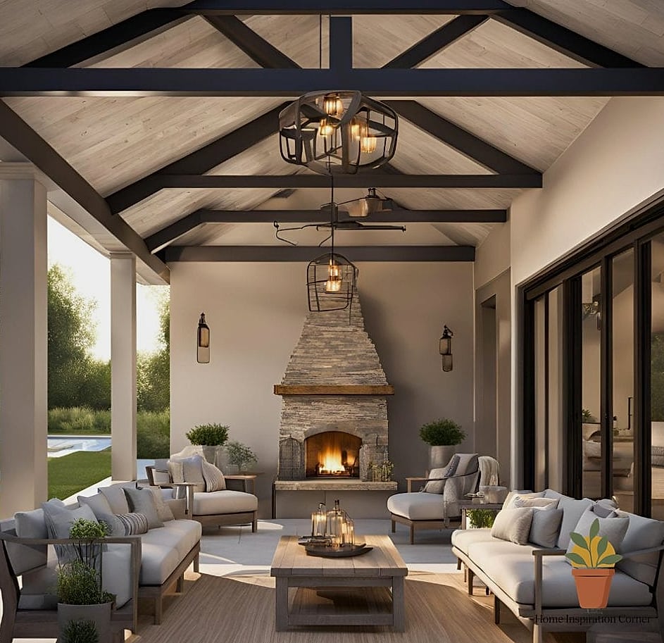Covered Patio with Vaulted Ceiling and Stone Hearth