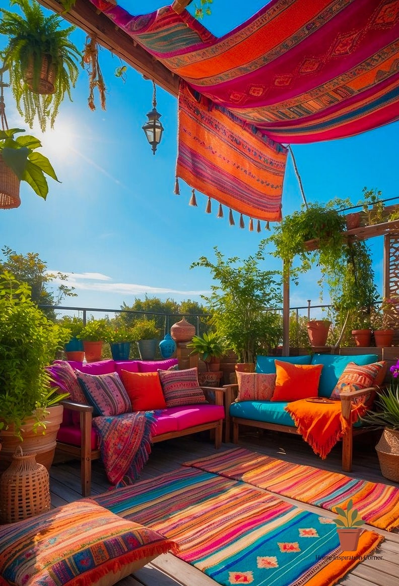 Cozy Boho Terrace with Layered Textiles and Rugs