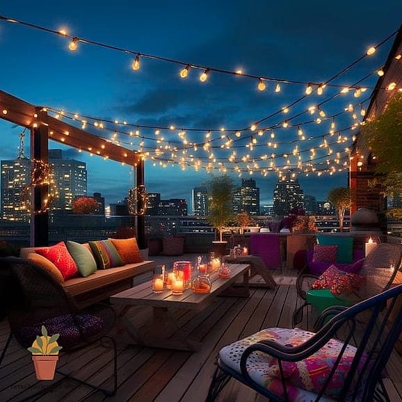 Cozy Terrace with String Lights and Layered Textiles