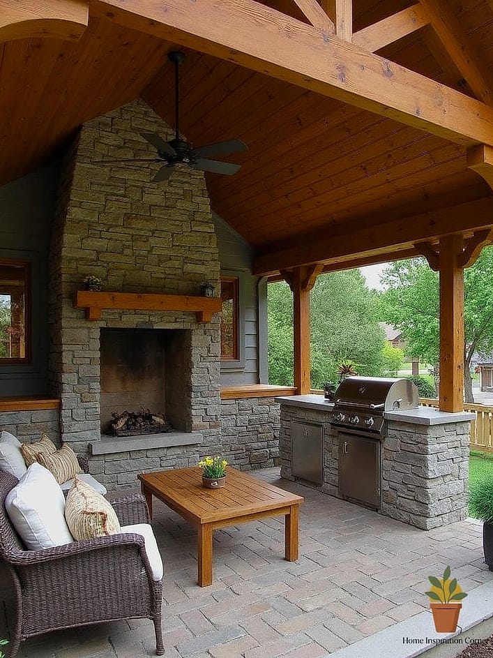 Craftsman-Style Patio with Tapered Fireplace Columns