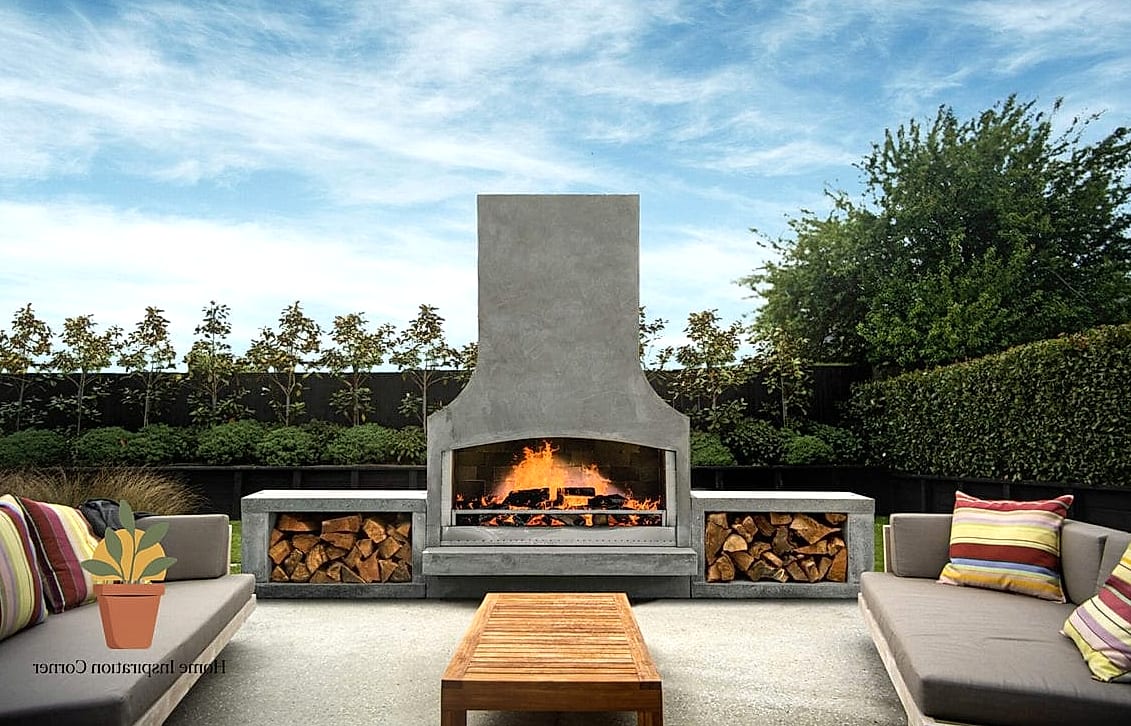 Curved Fireplace with Built-In Bench Seating