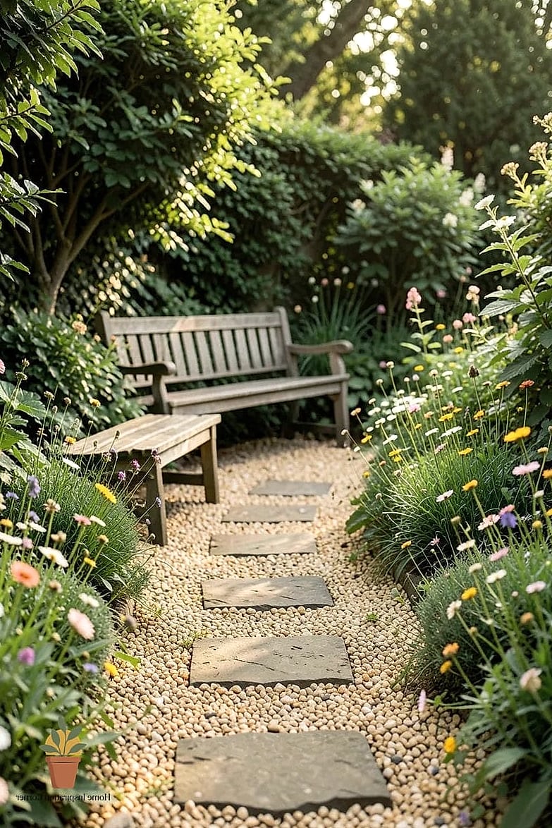 Curved Pea Gravel Path Leading to a Seating Area