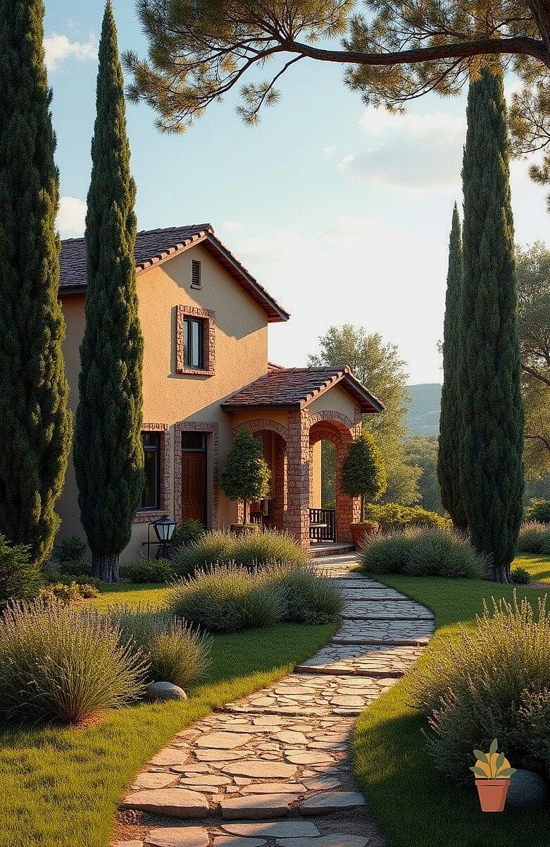 Cypress Trees Framing the Patio Entrance
