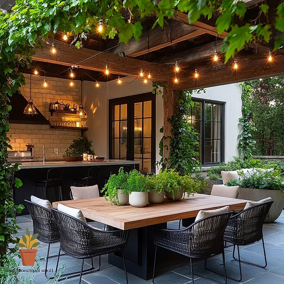 A Defined Dining Area Under String Café Lighting