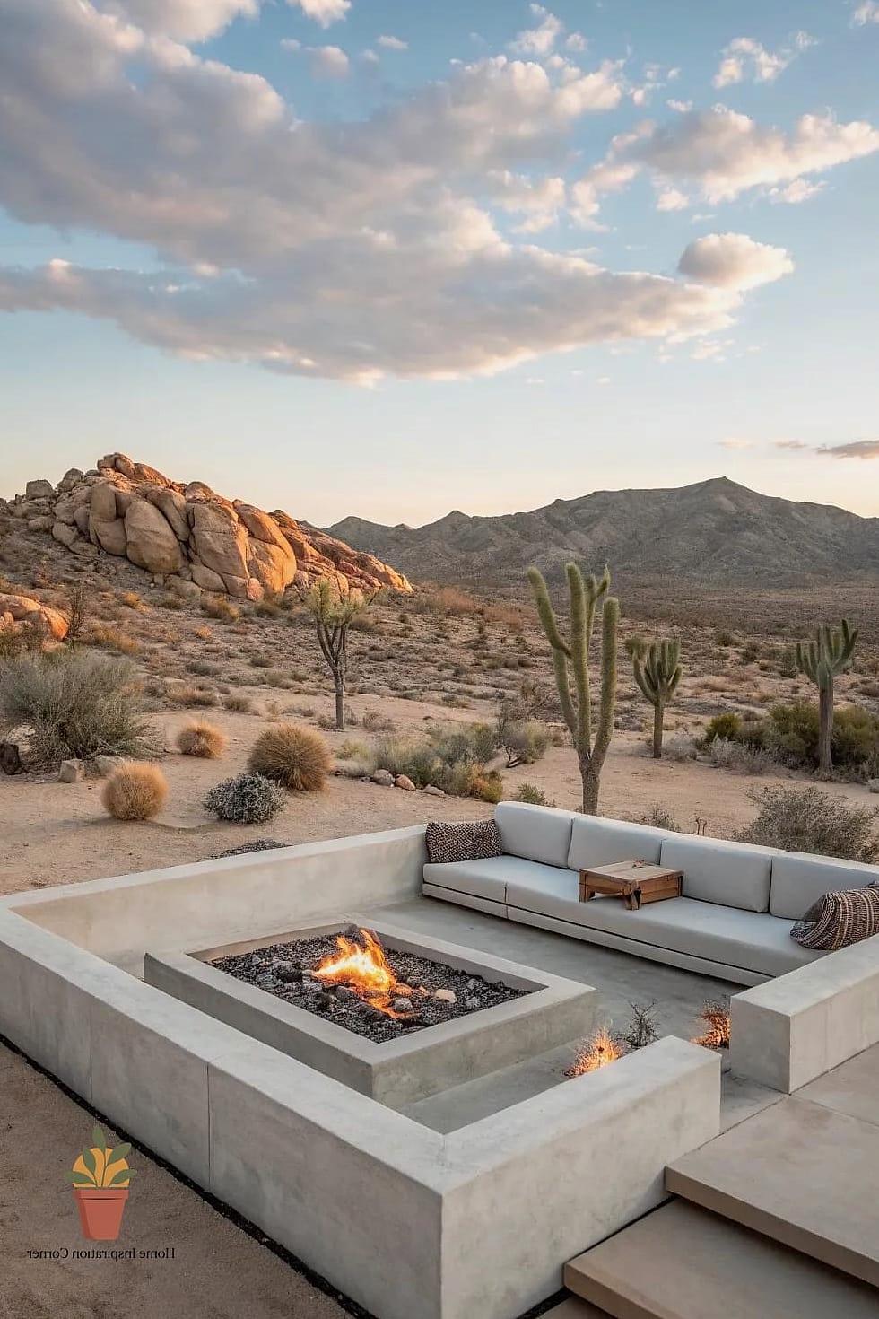Desert Modern Fire Pit with Gravel and Cacti