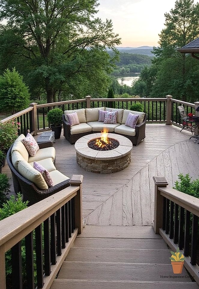 Elevated Fire Pit Deck with String Lights