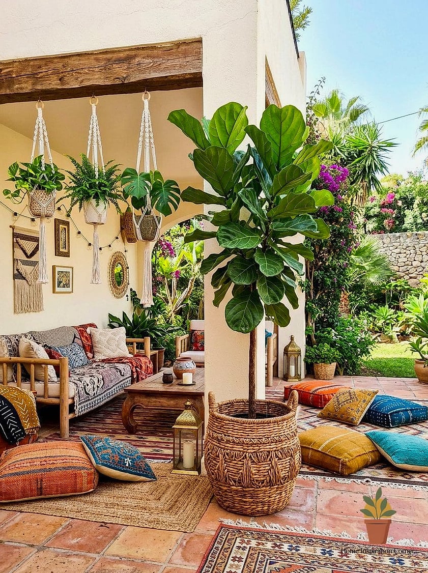 21 Creative Patio Andaluz Ideas You Haven't Seen Before 14 Fig Tree Planted Directly Into a Tile-Bordered Bed