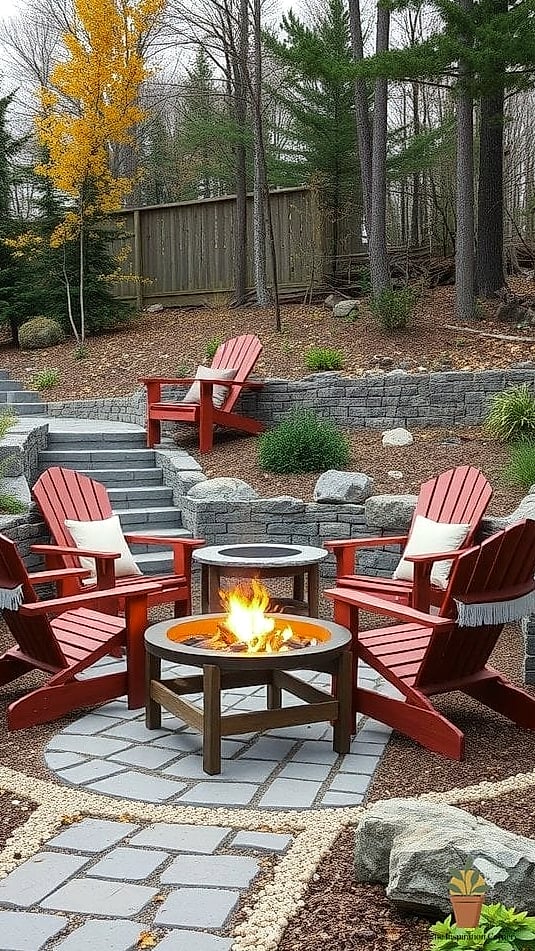 Fire Pit Surrounded by Adirondack Chairs