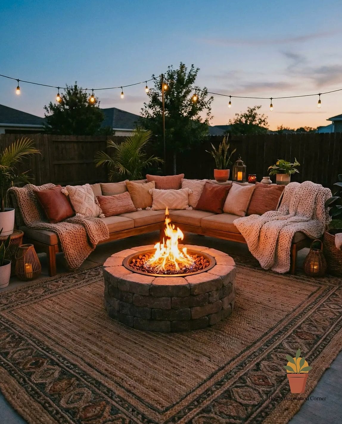 Fire Pit with Outdoor Rug and String Lights