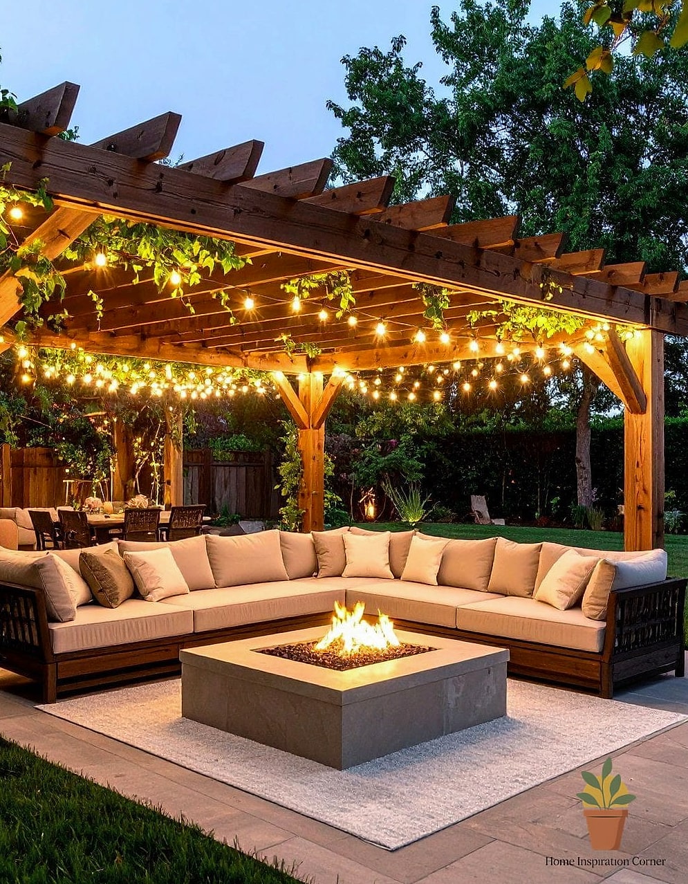 Fire Pit Pergola Lounge with Retractable Shade