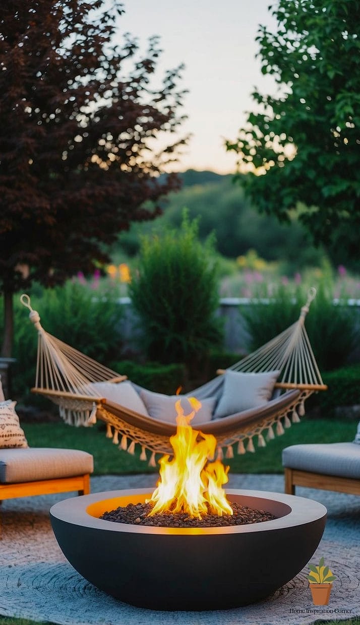 Fire Pit Lounge with Hammocks and String Lighting